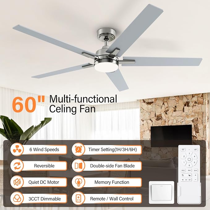 60 Inch Brushed Nickel Ceiling Fans with Lights and Remote, Reversible, 3CCT, Dimmable, Noiseless, Large Ceiling Fan for Bedroom, Living Room and Patio, Indoor/Outdoor Use