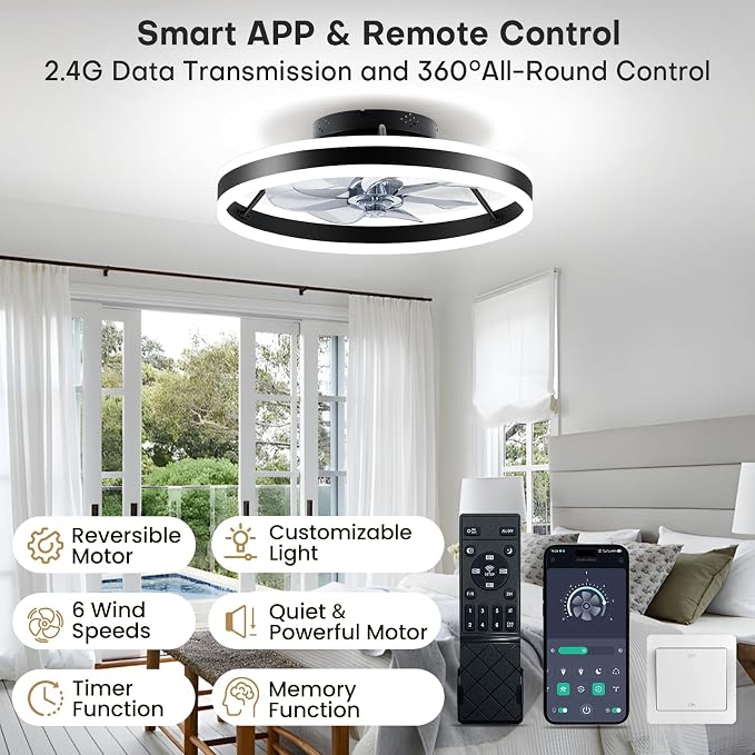 Ceiling Fans with Lights and Remote, 20" Low Profile Flush Mount Ceiling Fan, Pre-Assembled Design, Quiet DC Motor, 6 Wind Speeds, Dimmable 2700-6500K LED Light, Modern Ceiling Fan for Bedroom (Black)