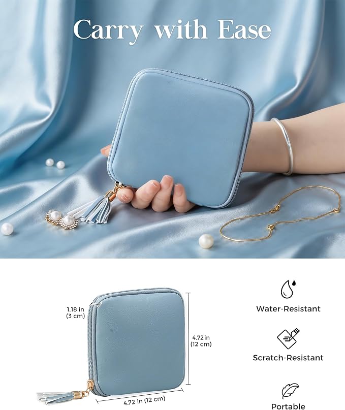 Lolalet Travel Jewelry Case Organizer, Soft Jewellery Pouch -Dustyblue | Storage Bag for Traveling Women, with Multi Compartments for Packing Necklaces, Earrings, Bracelets