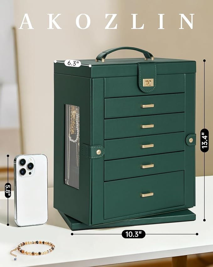 AKOZLIN 6-Tier Jewelry Box Organizer Functional 5 Drawers Leather Jewelry Storage Case for Women Girls Ring Necklace Earring Bracelet Holder Organizer with Mirror XL Green 360° Rotating