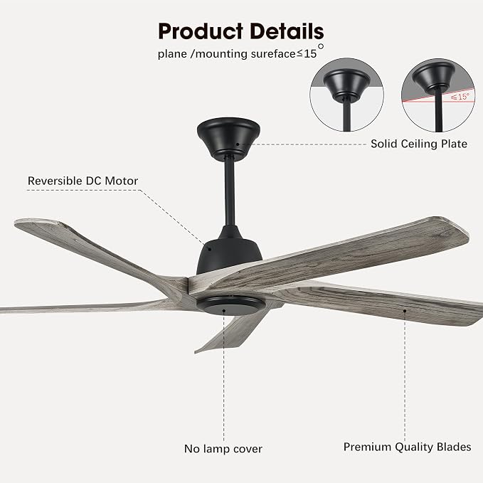 60 Inch Solid Wood Ceiling Fan No Lights, Remote and APP Control, DC Motor, 6-speed Reversible, for Bedroom, Living Room, Office, Outdoor Ceiling Fans, Greywood