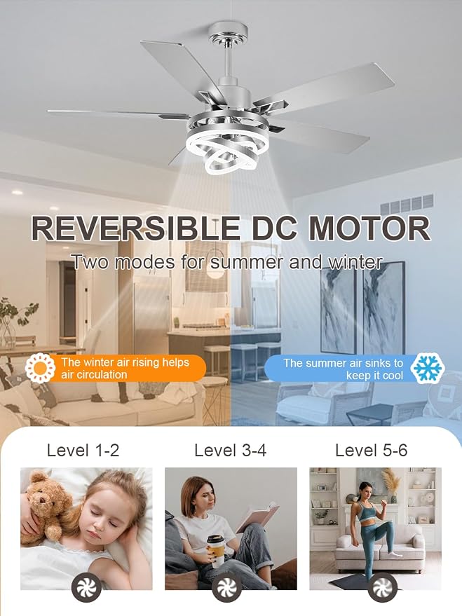 Bella Depot 52" Ceiling Fan with Light, Modern Sliver Chandelier Fan with Remote, Rustic Indoor Fandelier Fan with Silent DC Motor for Living Room Bedroom(Chrome)