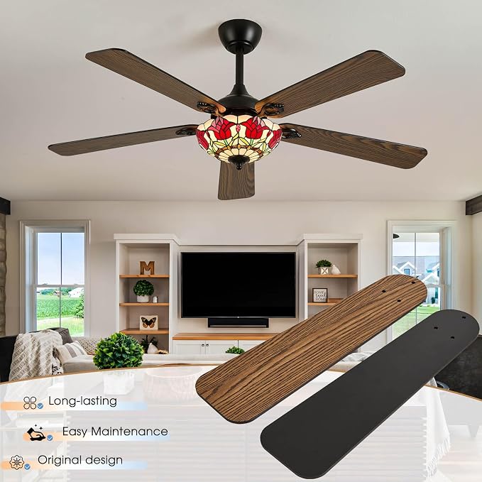 52" Tiffany Style Ceiling Fans with Lights, Vintage Chandelier Ceiling Fan with Stained Glass Shade, Dimmable LED, 6 Speeds Reversible for Bedroom (Red Rose)