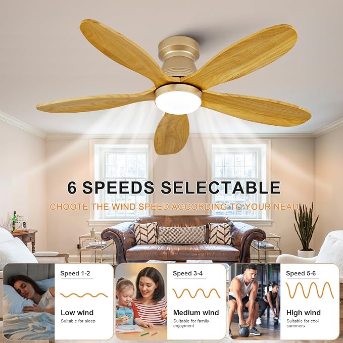 42 Inch Flush Mount Ceiling Fans with Lights and Remote, Dimmable, Wall Switch, 5 Blades Wood Ceiling Fan with Light, Low Profile Outdoor Indoor Modern Ceiling Fan for Bedroom Patio