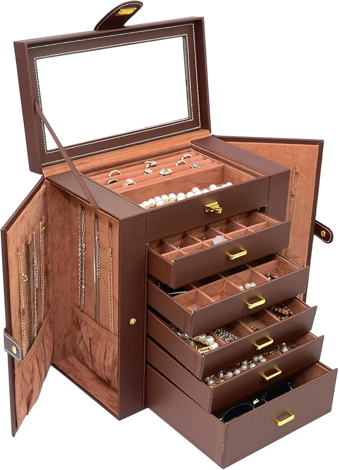 AKOZLIN 6-Tier Jewelry Box Organizer Functional 5 Drawers Leather Jewelry Storage Case for Women Girls Ring Necklace Earring Bracelet Holder Organizer with Mirror Extra Large Brown