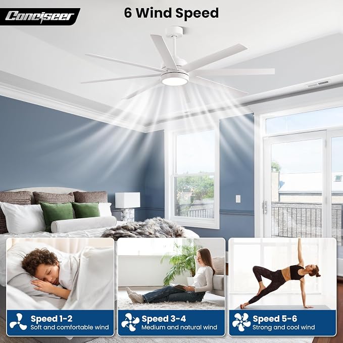 Conciseer 65 Inch Ceiling Fan with Light and Remote Control for Bedroom Living Room Kitchen Home Office, Indoor/Outdoor Use, 6CCT Dimmable, 8 Blades 6 Speed Reversible Quiet DC Motor, White