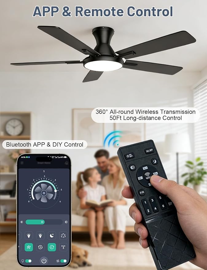 Ceiling Fan with Lights, 52” Ceiling Fan with Light and Remote/APP Control, 2700-6500K CCT Adjustable, Stepless Dimmable, Quiet Reversible Motor, Flush Mount LED Fans Light for Bedroom Living Room