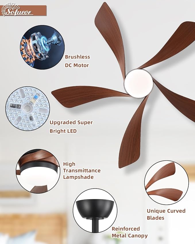 Sofucor 42 Inch Ceiling Fan with Lights and Remote, Indoor/Outdoor Ceiling Fan with Light 6-Speed 3 CCT 3-Timer, Low Profile Ceiling Fan 5 Blade Quiet DC Motor for Bedroom Living Room Patio