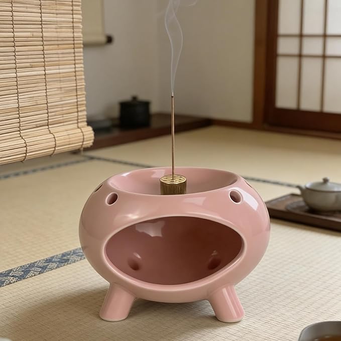 Ceramic Palo Santo Holder, Mini Chimenea Incense Burner with Vent Holes for Sage Burning, Wood Sticks, Cones, Tealights, Cedar and Zen Burner for Yoga, Meditation, Aromatherapy, and Energy (Blush)
