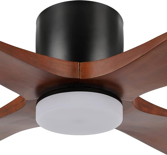 WINGBO 54 Inch Flush Mount DC Ceiling Fan with Lights and Remote, 4 Reversible Carved Wood Blades, 6-Speed Noiseless DC Motor, Hugger Ceiling Fan in Matte Black Finish with Walnut Blades