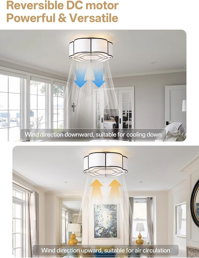 20" Farmhouse Ceiling Fan with Lights Flush Mount, Black Enclosed Ceiling Fans with Lights Remote Control, Caged with 6 Speeds for Bedroom, Living Room, Nursery