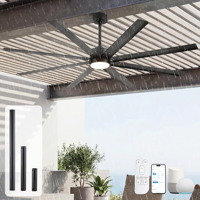 65 Inch Smart Outdoor Ceiling Fan with Light, Waterproof All Weather Wet Rated, Alexa/App/Remote Control, 8 Aluminum Blades, High CFM Quiet DC Motor, for Patio Porch Gazebo, Modern Black Industrial