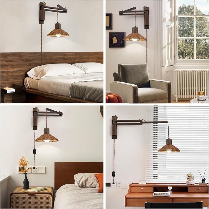 Wood Plug in Wall Sconces, Swing Arm Wall Lamp with Dimmable On Off Switch, Vintage Wall Mounted Light Fixture with Cord for Bedroom Nightstand Bedside Reading Lamp - Bulb Included