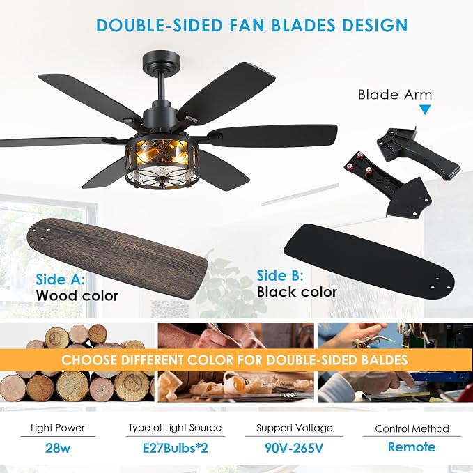 Hounberi 52" Farmhouse Ceiling Fans with Lights and Remote, Black Industrial Ceiling with Seeded Glass, 6-Speed Reversible DC Motor, Caged Ceiling Fans for Living Room Bedroom