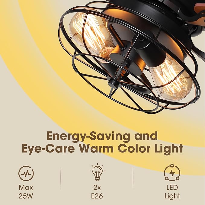48 Inch Farmhouse Ceiling Fan with Light and Remote, Flush Mount Low Profile Ceiling Fans with Reversible Quiet Motor, Caged Ceiling Fan for Bedroom Living Room Patio