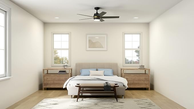 Kichler Maeve 52 in LED Ceiling Fan with Light, Modern Indoor Fan with Satin Etched Cased Opal Glass in Satin Black, Natural Brass Accent Ring, Wall Control, for Bedroom Living Room, 300059SBK