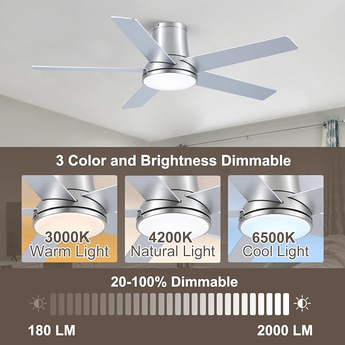 52 Inch Pro Brushed Nickel Flush Mount Ceiling Fans with Lights and Remote | 3CCT Dimmable LED, 6 Speed, Quiet DC Motor, 3-Level Timer Function, Forward/Reserve For all Seasons, Indoor/Covered Outdoor