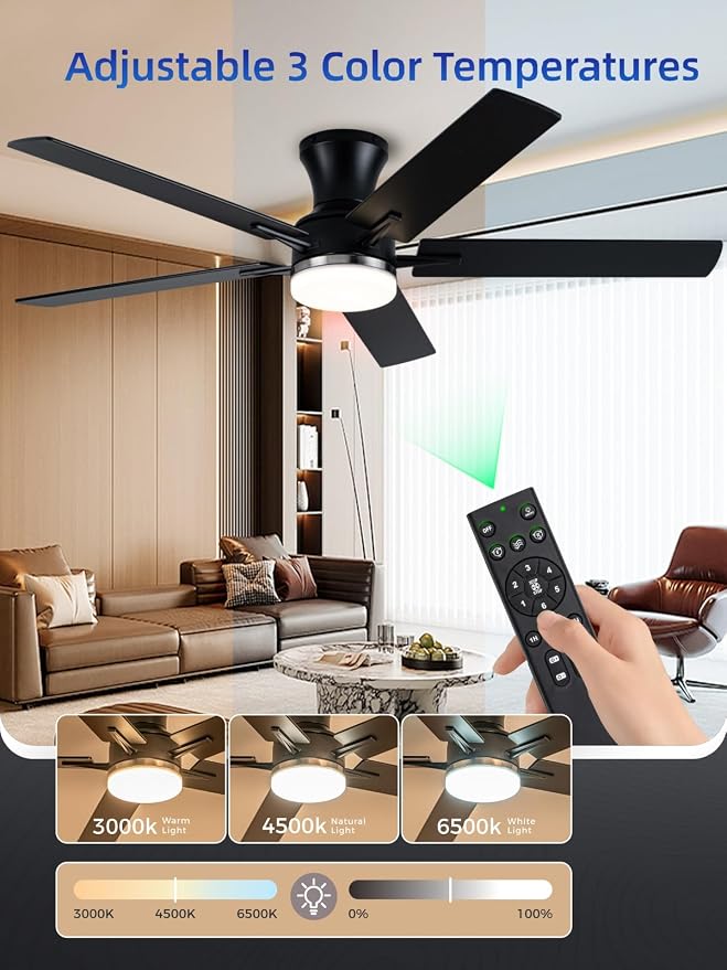 LANMEL 52 Inch Flush Mount Ceiling Fan with Light, App&Remote Control, Low Profile Modern Ceiling Fan, 6 Speed, Reversible, 3000k-6500k Dimmable LED, Quiet DC Motor for Indoor Outdoor, Silver Black