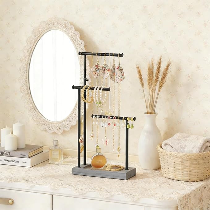 SRIWATANA Weathered Grey & Black Jewelry Organizer, 3-Tier Necklace Stand | Rustic Jewelry Stand with Wood Tray Base; Tangle-Free Storage for Long Necklaces, Earrings with Holes, and Rings