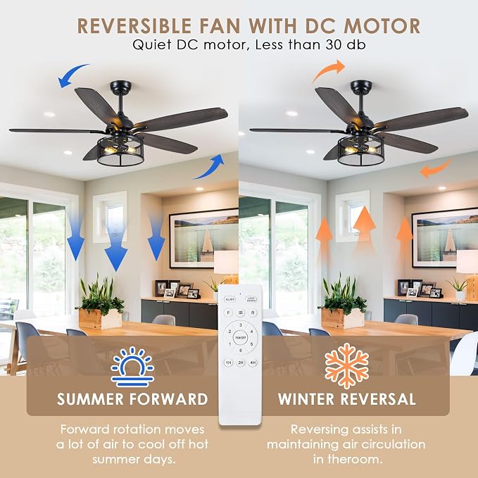 Hounberi 56 Inch Farmhouse Ceiling Fans with Lights and Remote Control | 6-Speed Reversible DC Motor, 5 Double Finish Blades, Black Caged Ceiling Fan with Light for Bedroom, Living Room, Kitchen