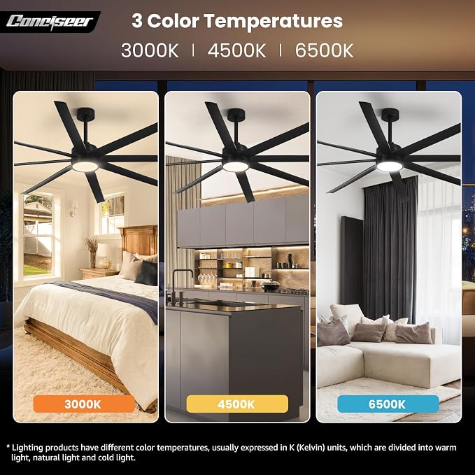 Conciseer Modern Ceiling Fans with Lights, 84 Inch Ceiling Fan with Light and Remote,Living Room Library Cafe Outdoor/Industrial, 3CCT 8 Blades 6 Speed Reversible Quiet DC Motor, Black/A