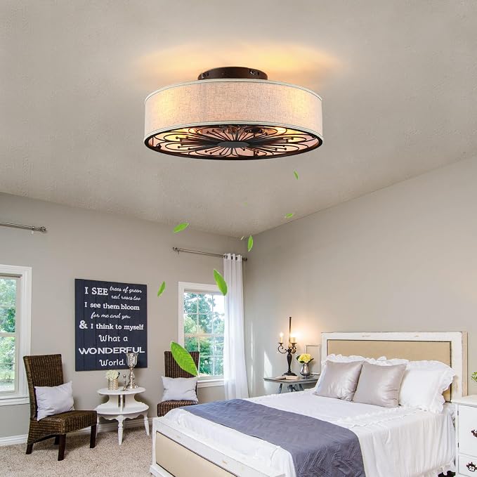 20" Boho Rattan Caged Ceiling Fan with Light,Low Profile Flush Mount Bladeless Ceiling Fan with Remote Control, 6 Speeds Reversible Silent Motor, Farmhouse Fabric Fandalier for Bedroom,Living Room