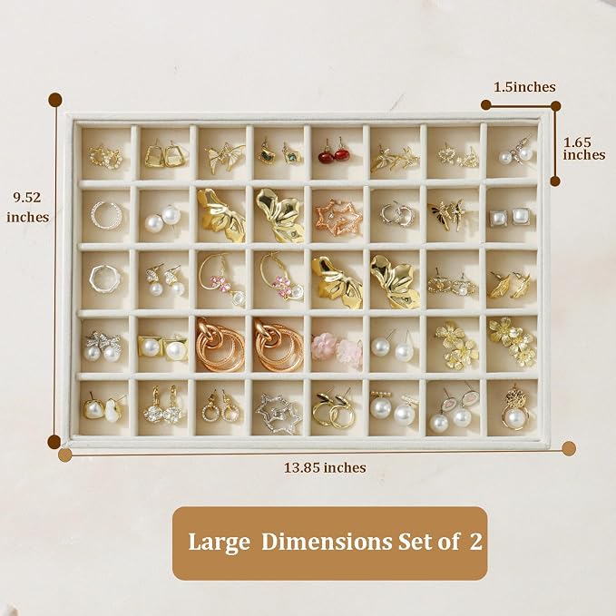 Large Velvet Jewelry Tray 2 Pack Stackable Jewelry Display Drawer Inserts Trays Organizer for Earring Bracelet Necklace Ring (Beige, 40 Grids)