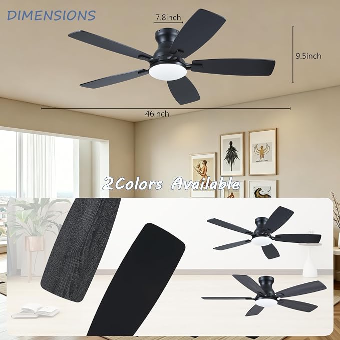 NKPU Ceiling Fans with Lights, Low Profile Ceiling Fan with Light and Remote/APP Control, DC Motor, Noiseless, Flush Mount, 46inch Black Ceiling Fan for Bedroom Indoor/Outdoor Use