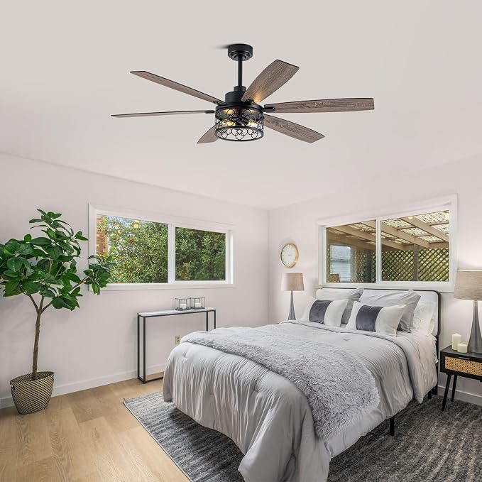 60 Inch Farmhouse Ceiling Fan with Light Industrial Ceiling Fan Rustic Caged Chandelier Fan for Living Room Bedroom Patio
