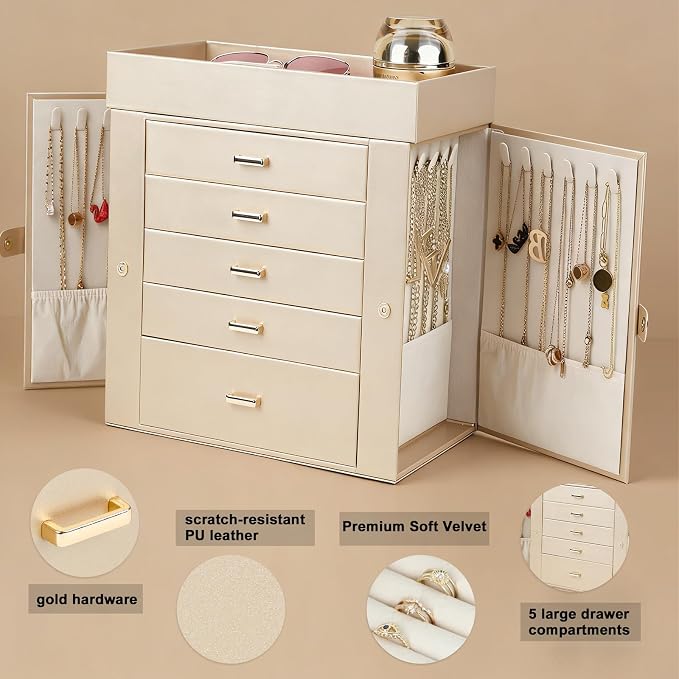 BOOVO Large Jewelry Boxes For Women (Gold, 6 Layer) | 6 Layers Jewelry Organizer Box With Cosmetic Storage Drawer, Necklace Ring Jewelry Organizer Box