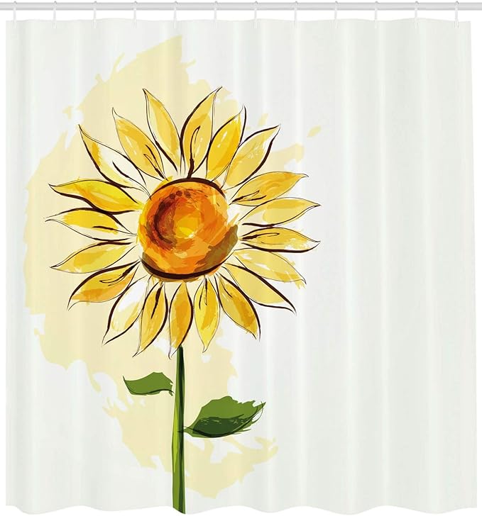 Ambesonne Flower Shower Curtain, Summer Sunflower in Watercolor Soft Pastel Toned Large Petals Artwork, Cloth Fabric Bathroom Decor Set with Hooks, 69" W x 75" L, Yellow Fern
