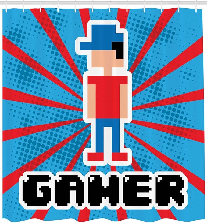 Ambesonne Video Games Shower Curtain, Red Striped Boom Beams Retro 90's Boy Cap Geometric Arrangement, Cloth Fabric Bathroom Decor Set with Hooks, 69" W x 84" L, Vermilion White
