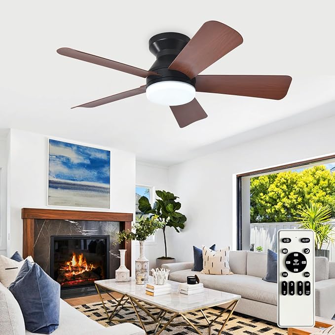 Ceiling Fans with Lights and Remote: 35 Inch Ceiling Fan with Light Low Profile - Flush Mount Ceiling Fan 5 Blades Reversible 3CCT Dimmable Noiseless for Bedroom (Black& Walnut)