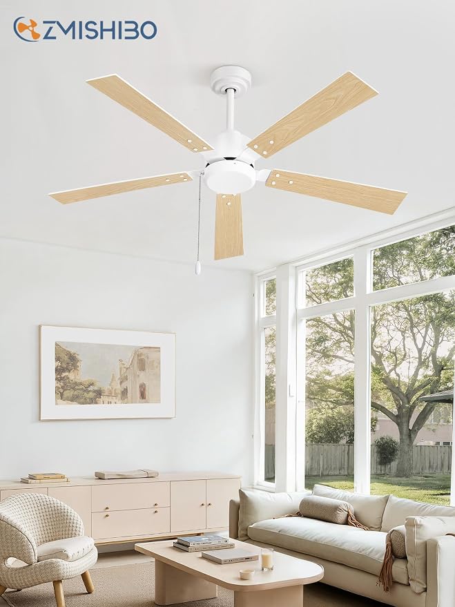 ZMISHIBO 52 Inch Ceiling Fans without Lights, White Ceiling Fan with Pull Chain, 6-Speeds, Quiet DC Motor, Remote Control, Outdoor Ceiling Fan for Patios, Living Room, Kitchen, Shop