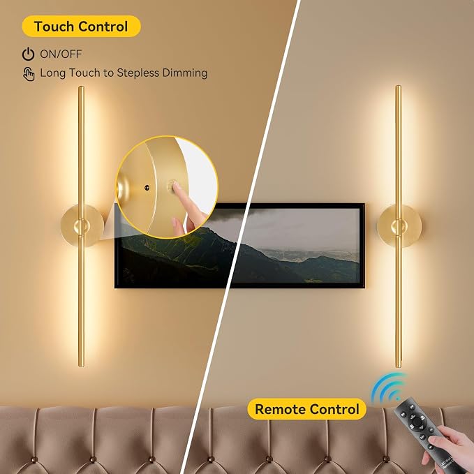 Ouyulong Battery Operated Wall Sconces Set of 2, 8000mAh Wireless Rechargeable 3000-6000K Dimmable 350° Rotate Wall Light with Remote for Living Room, Bedroom 31.6in Gold