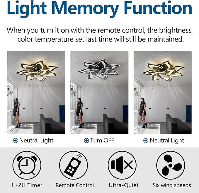 Dalouguan Modern Ceiling Fan with Lights Remote Control, 32" Black 6 Speeds 3 Light Color Low Profile Flush Mount Ceiling Fan for Kitchen Bedroom