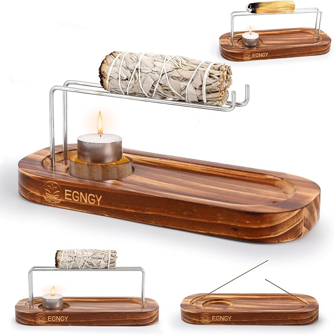 Handcrafted Palo Santo and Sage Holder, 4 in 1 Incense Sticks and Candle Holder for Burning Sage, Natural Wood Burner Holder, Ideal Spiritual Meditation Gift