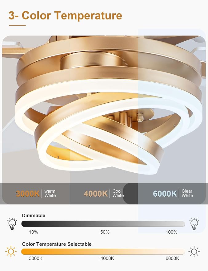 52" White and Gold Modern Chandelier Fandelier Ceiling Fan with Light | DC motor, reversible, dimmable, 3 adjustable rings for DIY shape; recommended for bedroom, living room, and indoor use.