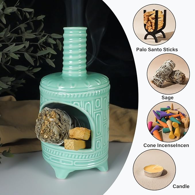 Mougigi Light Green Palo Santo Burner Holder-Mini Chiminea Smudging Bowl for Palo Santo Sticks, Sage Smudge Sticks&Cone Incense Burning–Zen Decor for Energy Cleansing Unique Gift for Friends & Family