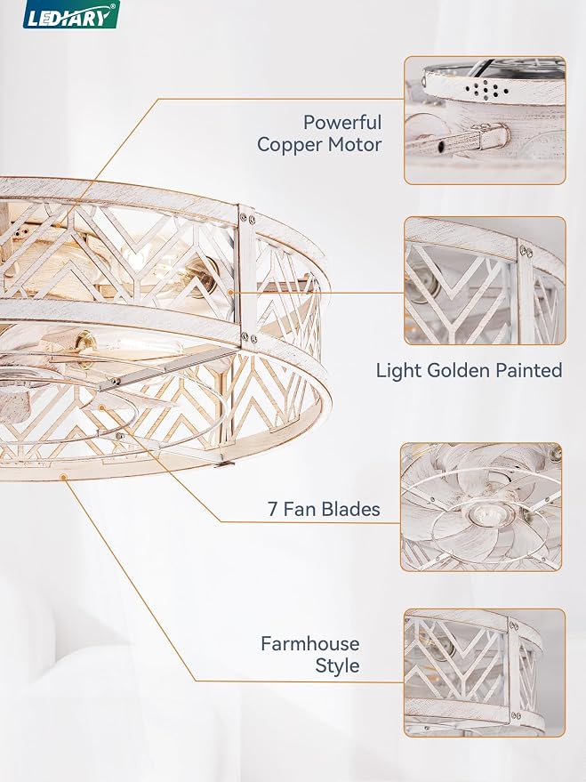 LEDIARY 23" Caged Ceiling Fan with Light, Large Flush Mount, App&Remote Control, Low Profile Bladeless Fan Light Fixture 6 Speed, Reversible and Quiet Motor-White Gold