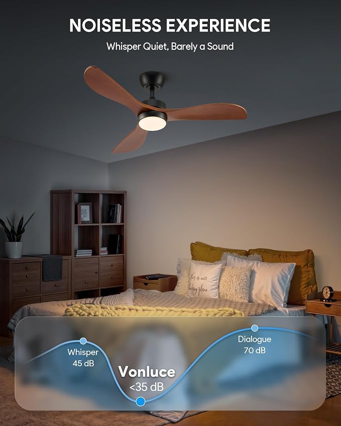 VONLUCE Wood Ceiling Fan with Lights, 42 Inch Ceiling Fan and Remote, 6-Speeds Quiet Reversible DC Motor, 3CCT, 3 Blades Outdoor Ceiling Fan for Patios Farmhouse, Black
