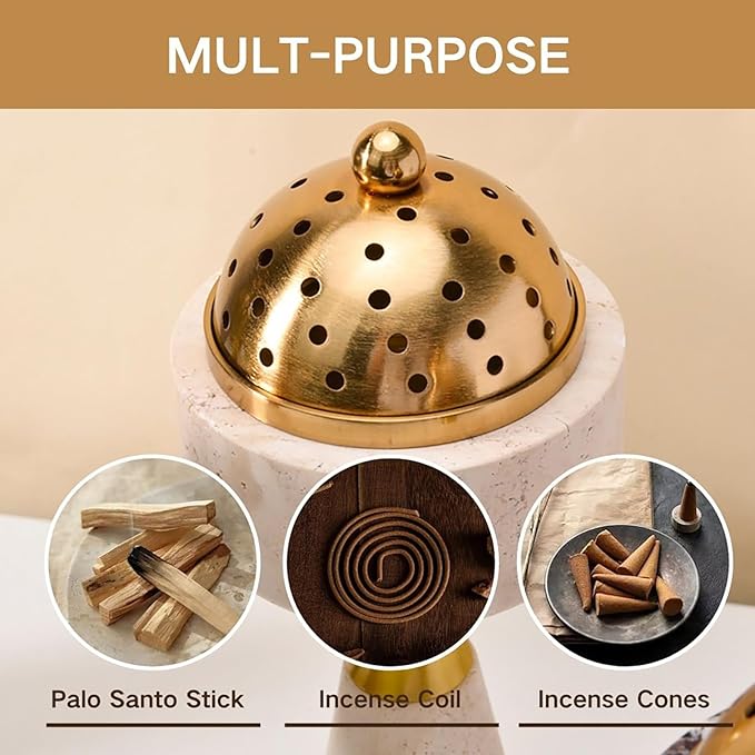 Sissi & yaya Marble Incense Burner with Brass Cover, 11 x 3.8 inches, Multi-Purpose Holder for Cones, Coils and Sticks (White)