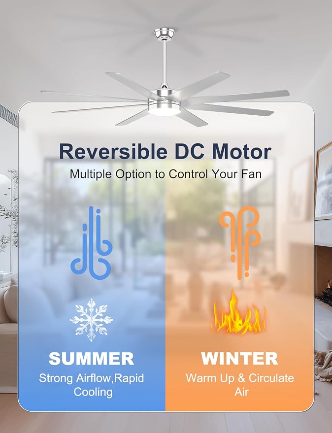 72'' Silver Large Ceiling Fan with Light for Indoor/Covered Outdoor | Remote/APP Control, 3CCT Dimmable, Quiet DC Motor, Reversible Airflow, 8 Blades Modern Big Overhead Fan for Patio Living Room