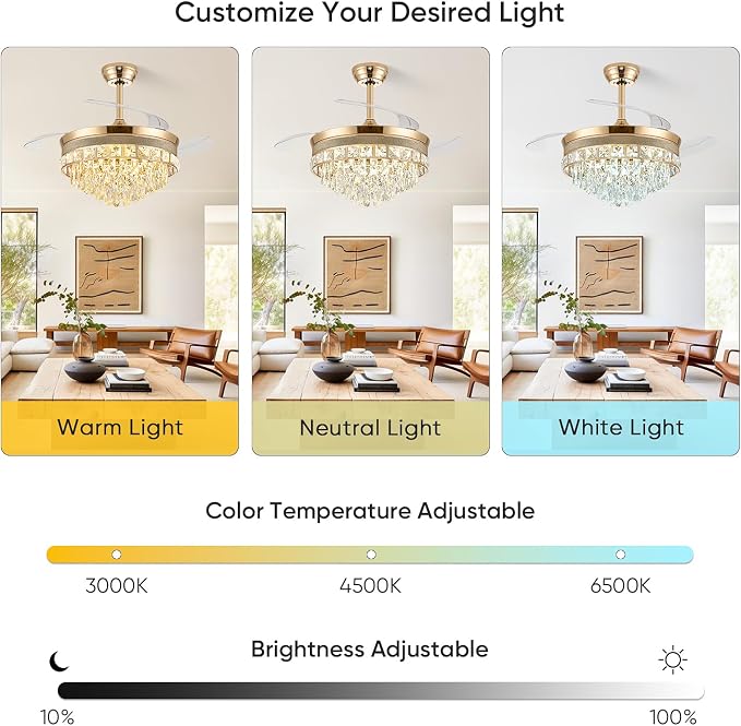 48 Inch Chandelier Ceiling Fans with Lights, Retractable Ceiling Fan with Lights, Crystal Fandelier Ceiling Fan for Bedroom Living Room, LED Dimmable, 6 Wind Speed,3 Color Temperatures-Gold