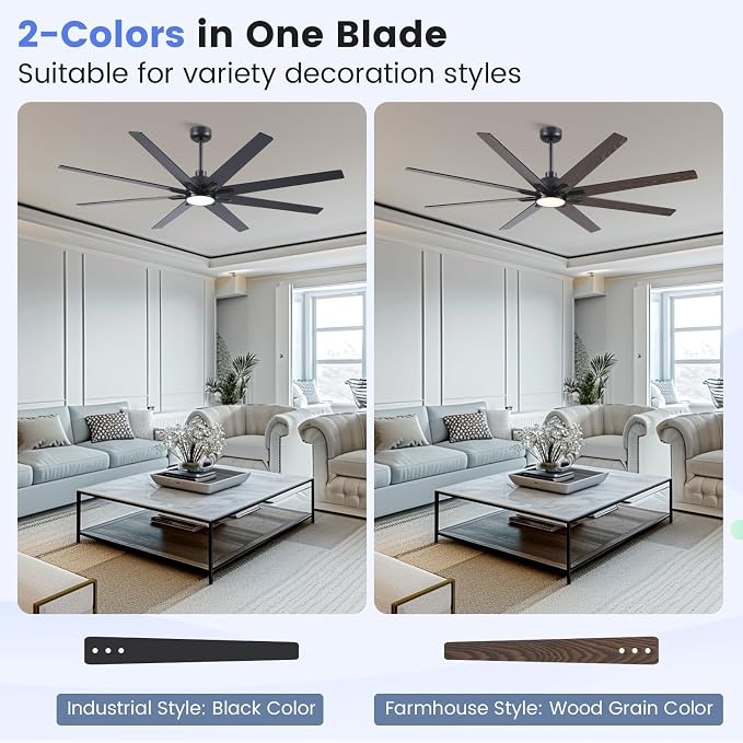 Newday 72 inch Large Ceiling Fans with Lights and Remote, Indoor/Outdoor Black Ceiling Fan for Living Room Patio, 6 Speeds Slient Reversible DC Motor, 3CCT, Timer, 3 Downrods, 8 Blades