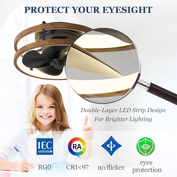 13 Inch Small Ceiling Fan with Light and Remote, Low Profile Flush Mount Fandelier, Dimmable 3CCT Quiet LED Ceiling Fans for Bedroom, Wooden Black
