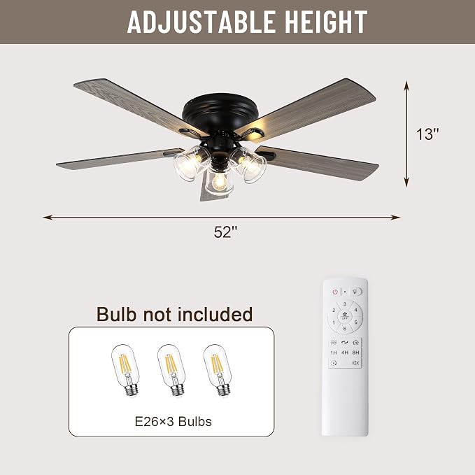 52" Flush Mount Ceiling Fan with Lights and Remote Control | Farmhouse Ceiling Fan with Light,Reversible Quiet DC Motor,5 Wood Blades,3 Clear Glass Lights for Bedroom Living Room Kitchen