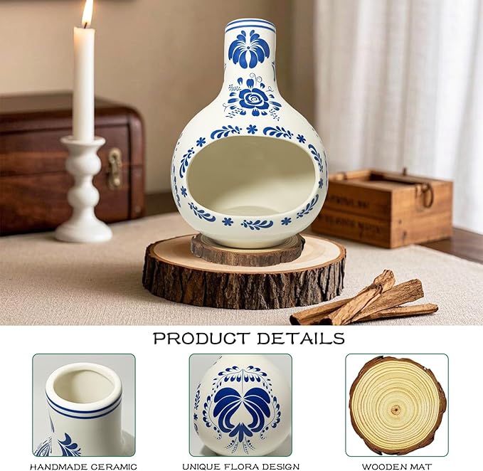 Palo Santo Burner Handmade Palo Santo Holder with Wooden Mat, Talavera Mexican Pottery Decor for Home, Meditation and Energy Cleansing, Sage Holder for Burning, Christmas Yoga Spa Gift