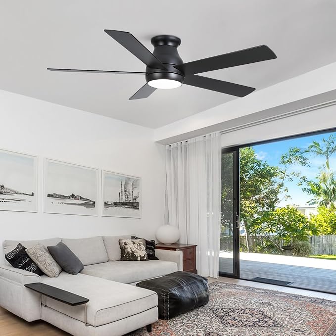 POCHFAN 52 Inch Black Ceiling Fans with Lights and Remote, LED Low Profile Flush Mount Ceiling Fan for Bedroom, Living Room, with Quiet DC Motor, Dimmable 6 Speeds