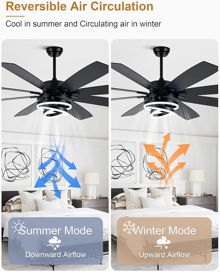 72" Large Black Modern Ceiling Fans with Lights | Remote, 6-speed reversible DC motor, dimmable, 3 adj rings; suitable for indoor/outdoor use, living room & kitchen.